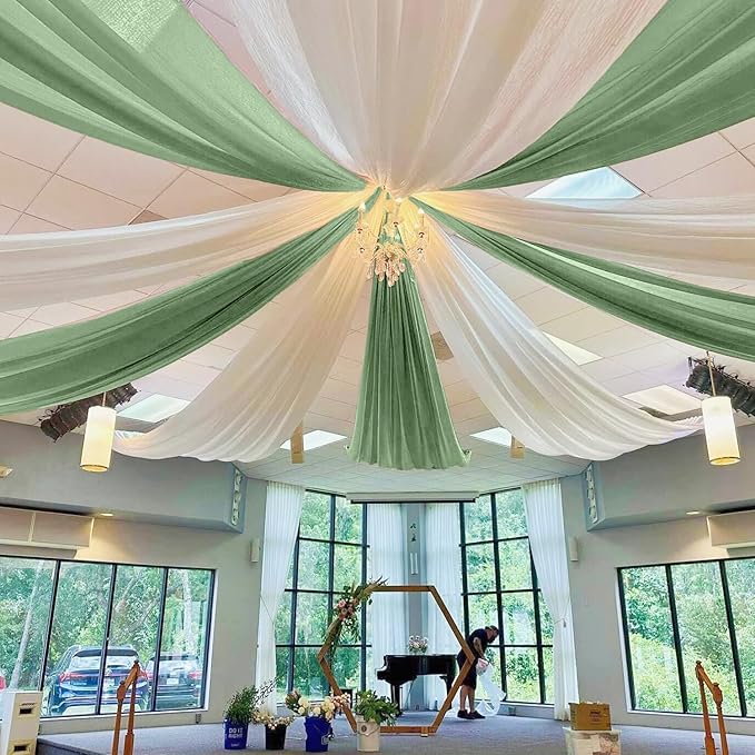 MODFUNS Ceiling Drapes for Weddings Sage Green Ceiling Draping Fabric 2 Panels 5x30ft Chiffon Wedding Arch Drapery Sheer Curtain Drapes Voile Ceiling Curtain for Wedding Party Ceiling Decor