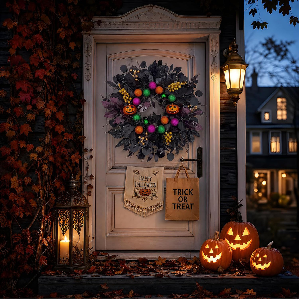 24Inch Halloween Wreath for Front Door,Pumpkins Wreath Halloween Decorations ...
