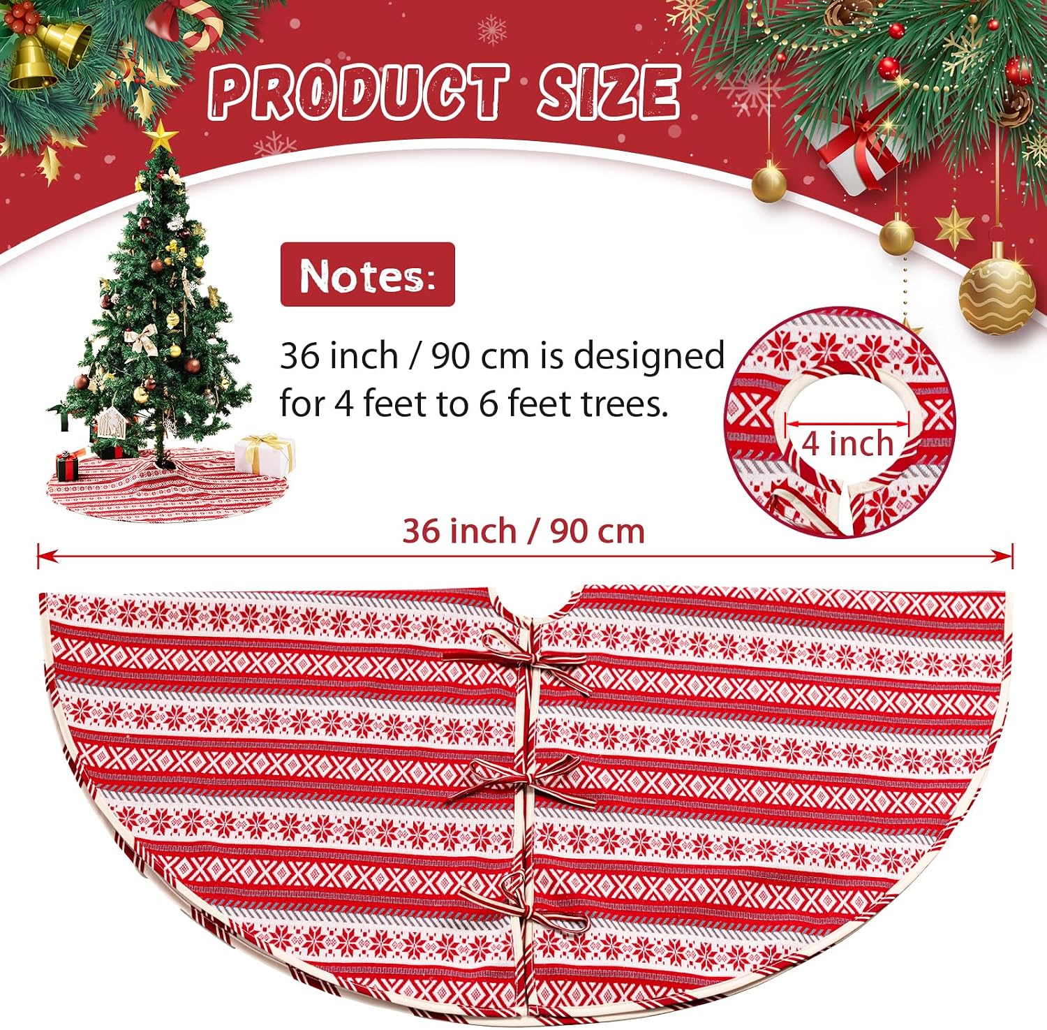 Christmas Tree Skirts 36 inches Knitted Snowflake Tree Skirt for Christmas Tree, Red Xmas Tree Skirt for Christmas Holiday House Decor Nordic Elegance