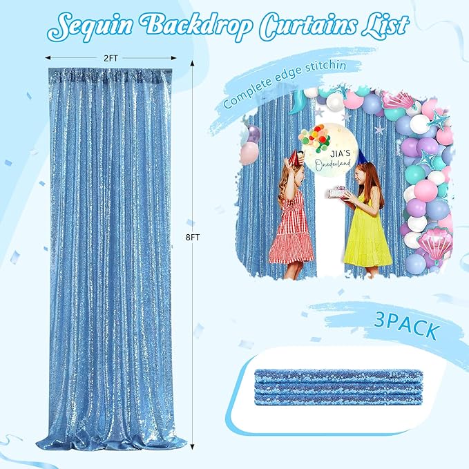 Sequin Backdrop Drapes 3 Panels Fabric Curtain 2FT x 8FT Baby Blue Wedding Photo Backdrop for Birthday Party Photography Background Home Decorations