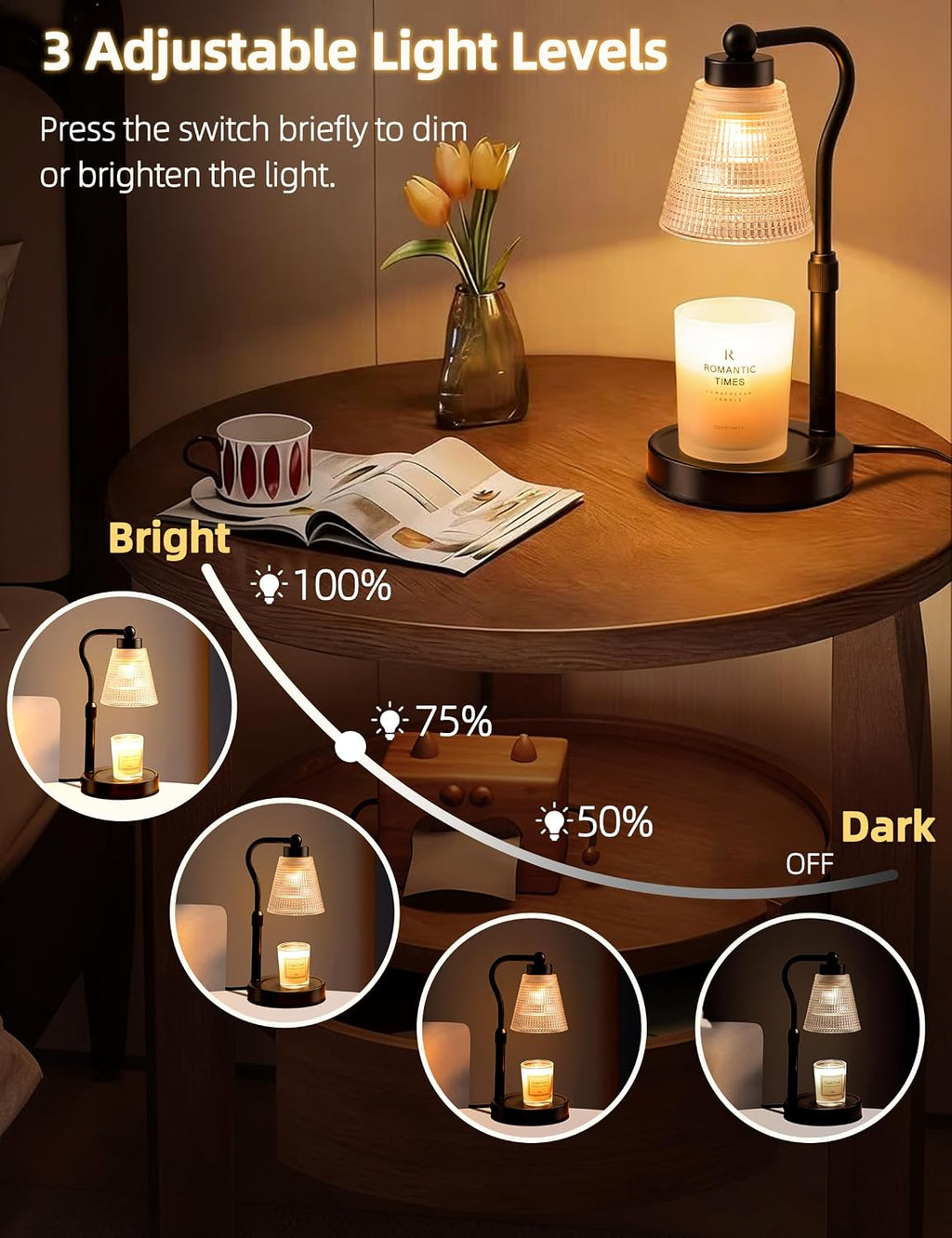 Candle Warmer Lamp for Jar Candles, Height Adjustable & Dimmable with 2/4/8H Timer, 2*50W Halogen Wax Melter Warmer for Home Office Décor, Flameless & Smokeless, Gift for Women Mom, Black-Clear/1 Pack