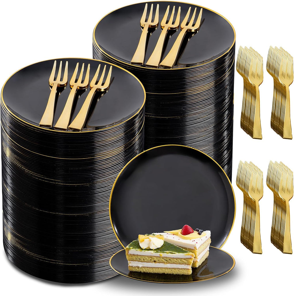 festiva 400pcs black gold dessert plates 6.3" with, main product view