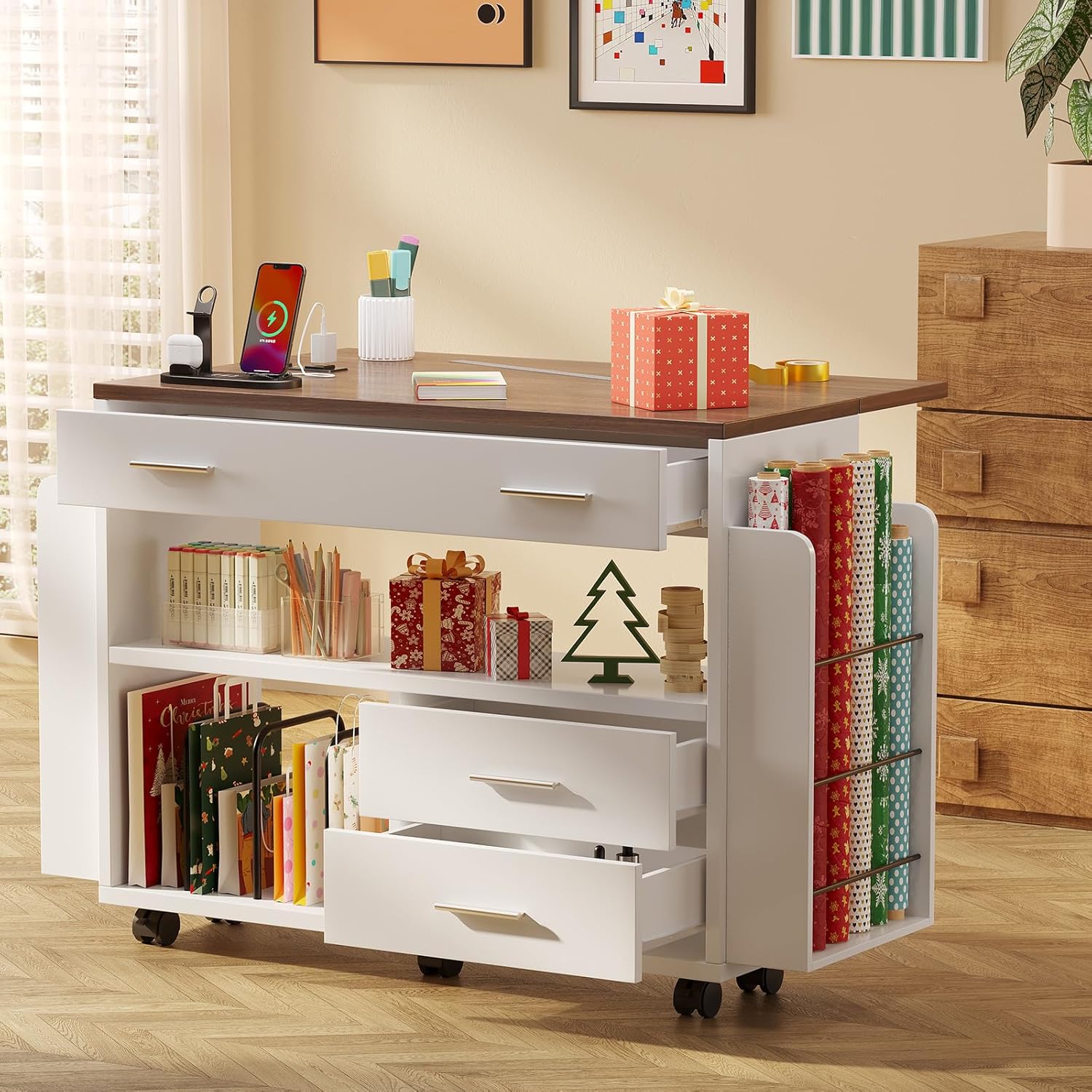 Wrapping Paper Storage Cart with Foldable Drop Leaf, Crafting Table with Power Outlets, Wrapping Paper Organizer with Ribbon & Gift Bag Storage, Rolling Gift Wrap Storage Station