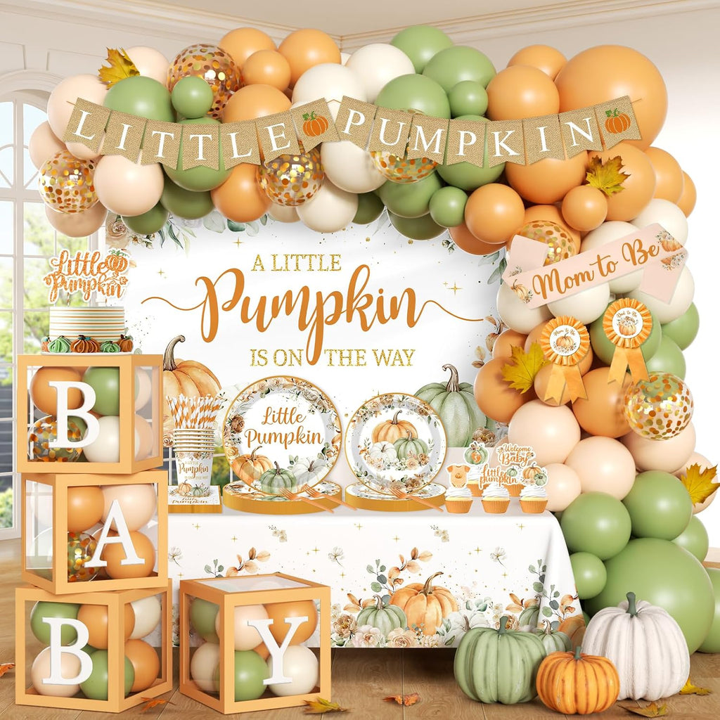 Little Pumpkin Baby Shower Decorations for Boy or Girl,275pcs Fall Baby Shower Plates and Napkins Cups Backdrop Tablecloth Topper Balloon for A Little Pumpkin Is On The Way Baby Shower Decorations