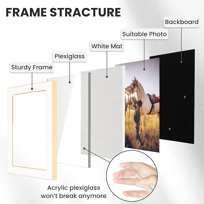 Fun Memories 4x6 Picture Frame - 1pcs White Enamel Glass Photo Frame with Gold Metal Edge & Easel for Display Picture Frame on Countertops, Tabletops, Bookshelves, Desks, Walls (White/Gold)