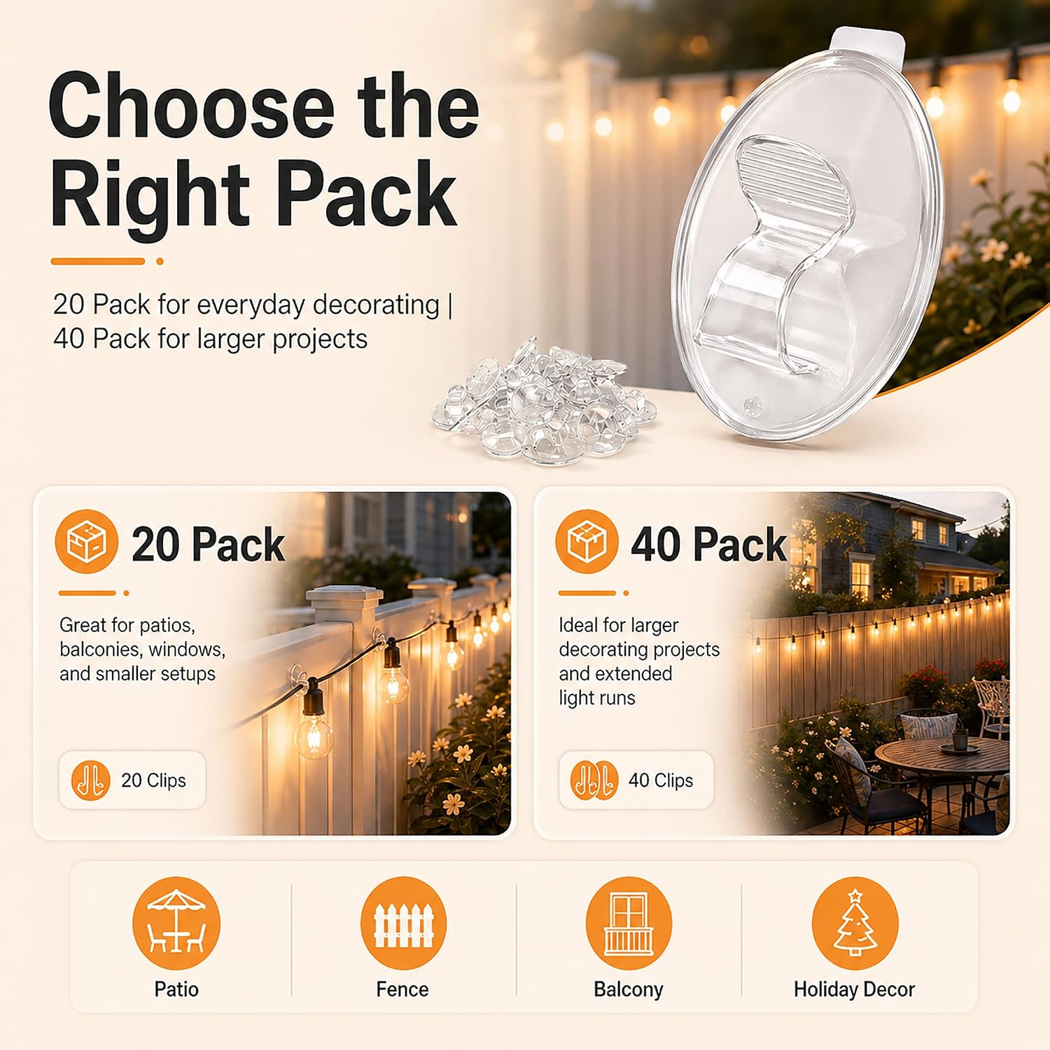Outdoor String Lights Hooks Clips - 20Pcs Clear Waterproof Adhesive Hangers | 3X Stronger Adhesion - Heavy Duty Removable Sticky Strips No Drill No Residue Indoor Outside Patio Fence Wall Cord Christmas
