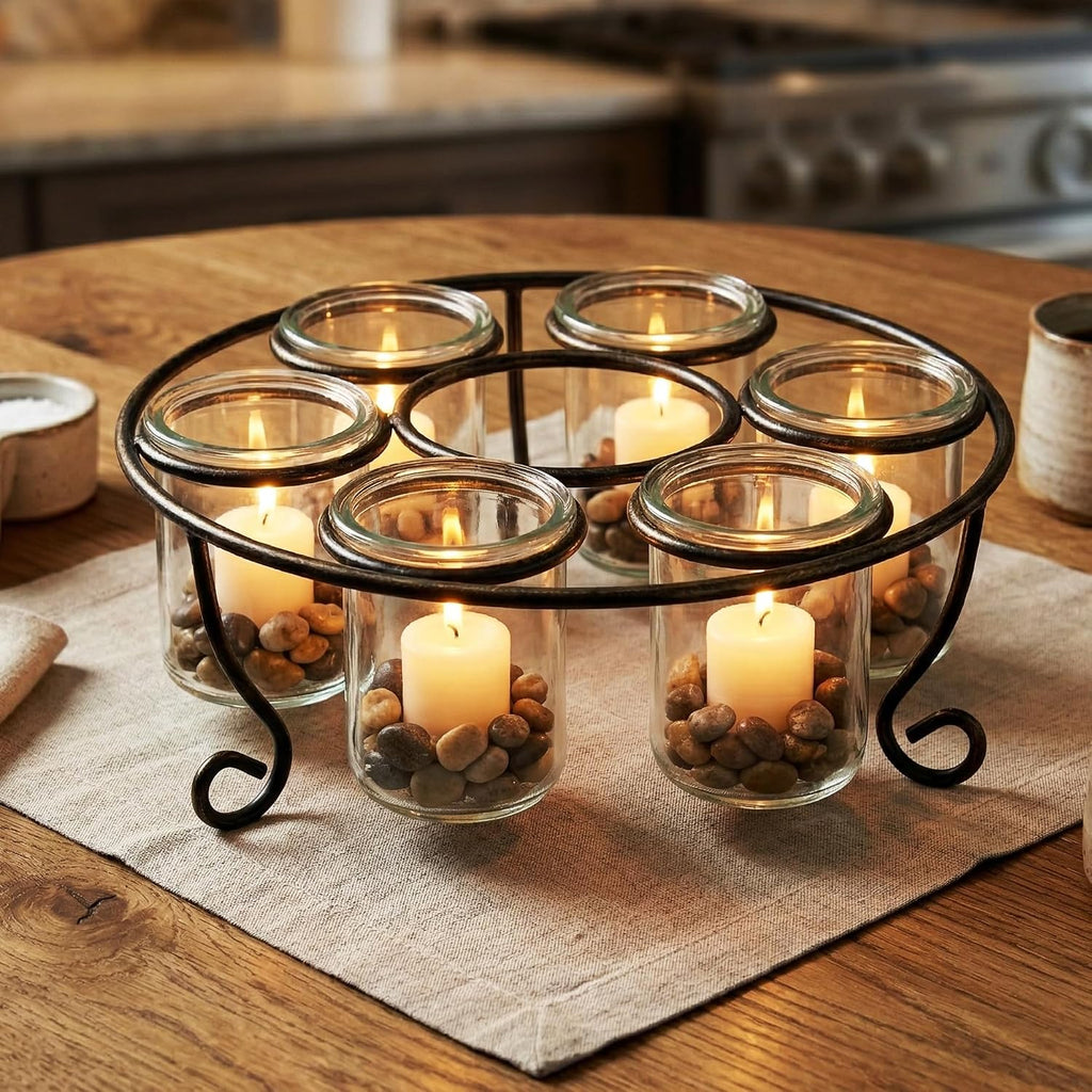 Seraphic Centerpieces for Tables, Round Dining Room Table Decor, 11.75 Inch | Wrought Iron 6 Cup Candelabra, Rustic Tabletop Floating Glass Candle Holder, Modern Black with Gold Brush, 11.75" Wide