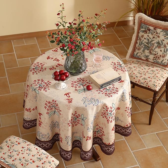 patdrea Designer Linen French Round Table Cloth,Vintage Red Floral Durable Breathable Colorful Dacorative Tablecloth for Kitchen Dining,Christmas,Thanksgiving,Holiday,Diameter 67"-Newmari