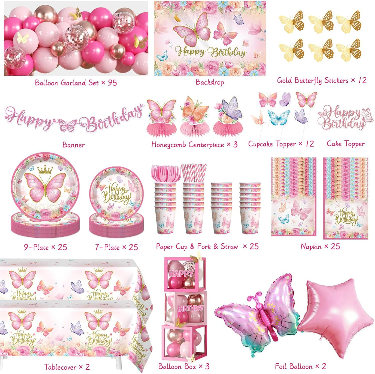 pink butterfly birthday decorations, all-in-one set for 25 shown in use