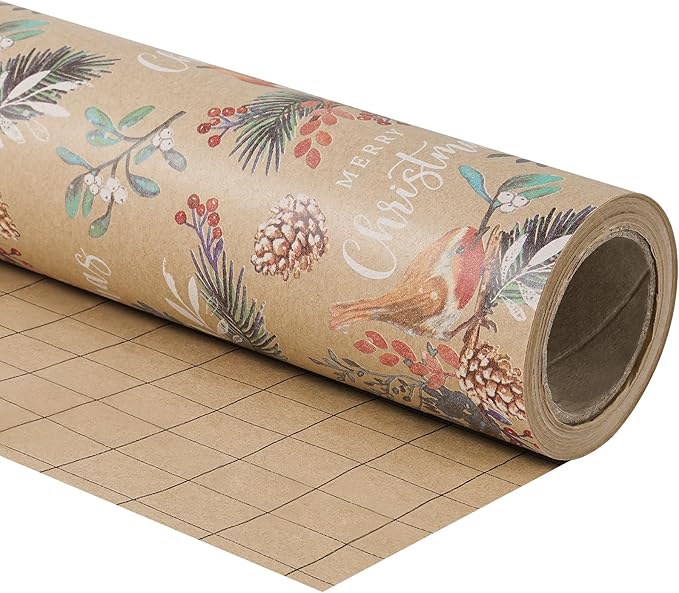 RUSPEPA Kraft Christmas Wrapping Paper Roll, Mini Roll, Vintage Bird on Pine Branch Design with Merry Christmas, Natural Scene Gift Wrap for Women, Friends, Family, Xmas Gifts, 17 Inches x 16.4 Feet