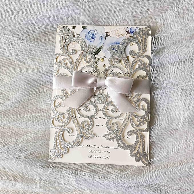 25PCS Silver Glitter Laser Cut Wedding Invitations Cards with Envelopes,Blank Inner Sheets,Ribbons for Wedding Bridal Shower Quinceañera Engagement Birthday Invites