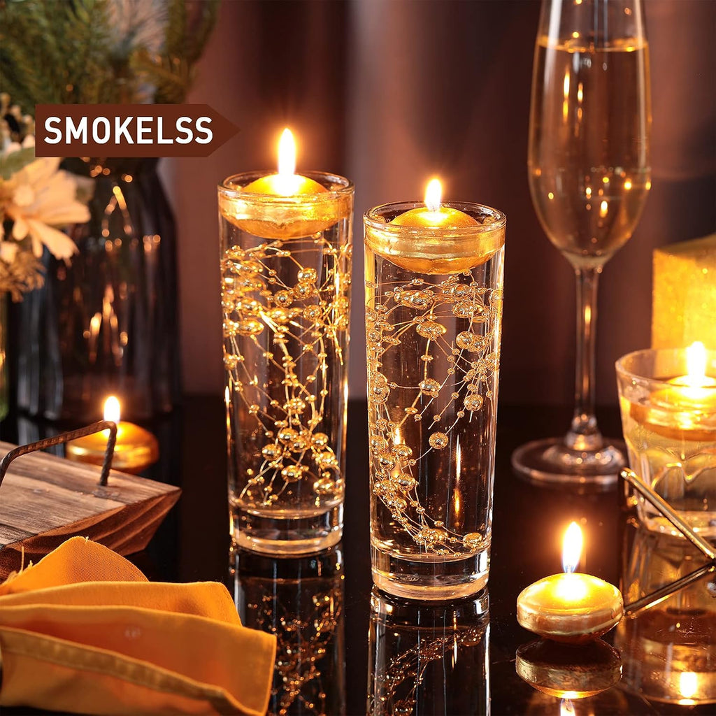 Nuanchu 12 Pack 1.65 Inch Floating Candles or Centerpiece Unscented Wax Burning Water Floating Candle Set for Cylinder Vase Wedding Party Gifts Pool Home Decor(Gold)