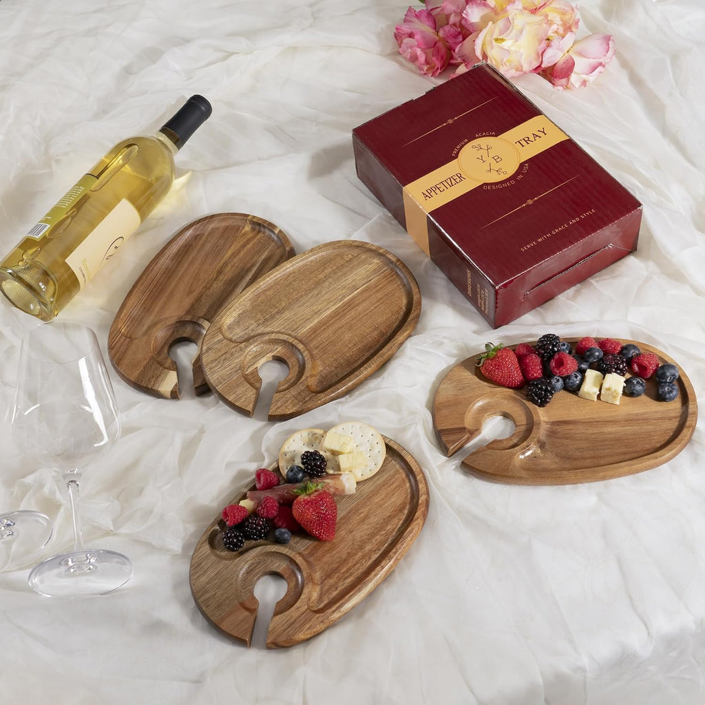 wine glass holder plates – acacia wooden appetizer, close-up detail