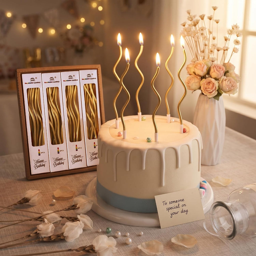 PHD CAKE 24-Count Gold Spiral Long Thin Metallic Birthday Candles, Cake Candles, Birthday Parties, Wedding Decorations, Party Candles