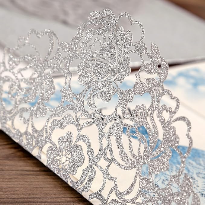 DORIS HOME 50pcs Laser Cut Quinceanera Invitations Silver Glitter, 4.7x7.1 Personalized Quince Invitations for 15th Birthday, Invitation cards for Sweet 16 with Envelopes