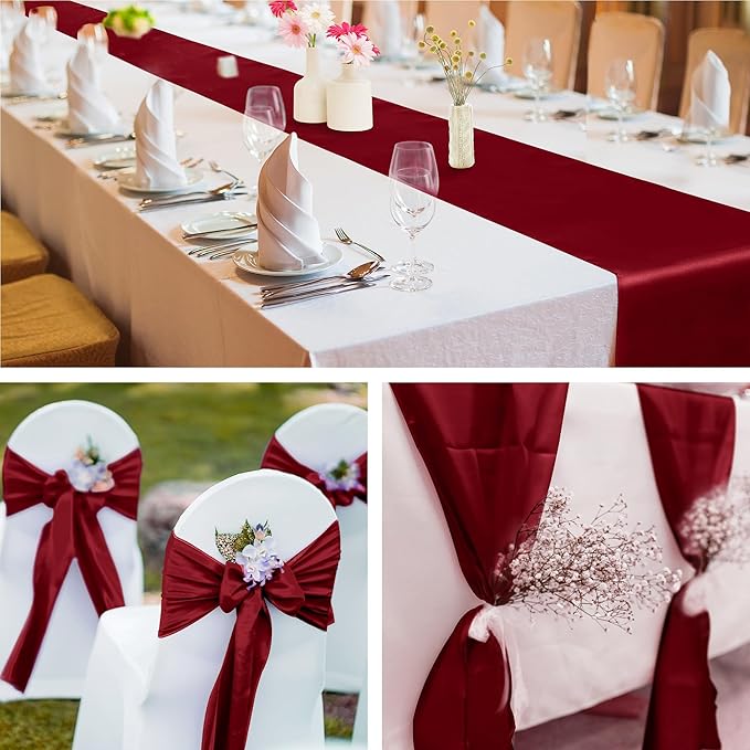 Aneco 16 Pack Satin Table Runner 12 x 108 Inch Burgundy Long Wedding Satin Silk Table Runner for Wedding Banquet Graduations Birthday Party Decoration