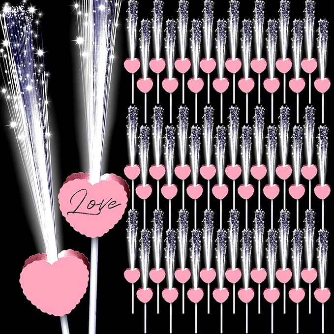 50 Pcs Wedding Sparklers Heart Shaped LED Glow Sticks Fiber Optic Wands Light up Wand with 3 Light Mode for Wedding Bridal Shower Birthday Glow in the Dark Party Supplies (Pink)