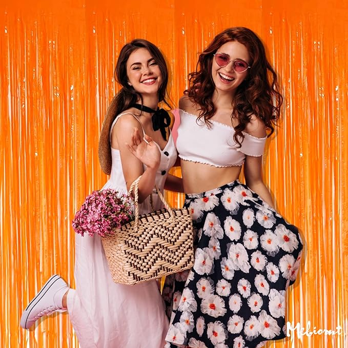 4 Pack Orange Fringe Curtain Backdrop, 3.2Ft x 6.6Ft Metallic Tinsel Foil Fringe Streamers Curtains Background for Photo Booth Birthday Wedding Baby Shower Party Thanksgiving Christmas Decorations