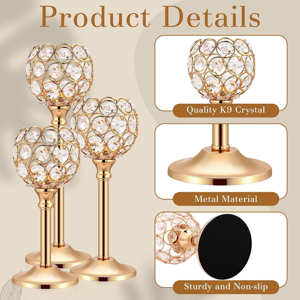 Mimorou 6 Pack Crystal Candle Holders Gold or Silver Candle Holders Bulk Tealight Candlestick Crystal Candelabras for Wedding Party Valentine Christmas Dining Table Centerpieces Decoration (Gold)