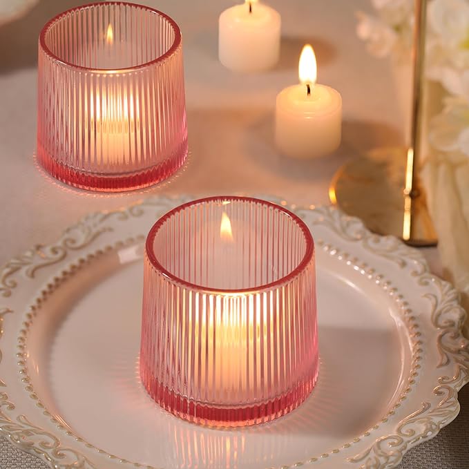 Pink Ribbed Tealight Votive Candle Holders- 6Pack Glass Candle Holders for Table Centerpiece, Home Decor, Wedding Decor, Party Dinner