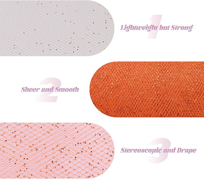 Glitter Tulle Rolls 6” by 50 Yards Sparkle Tulles Fabric Ribbon Sequin Tulle Netting Rolls for DIY Tutu Skirt Wedding Birthday Party Decoration (Orange)
