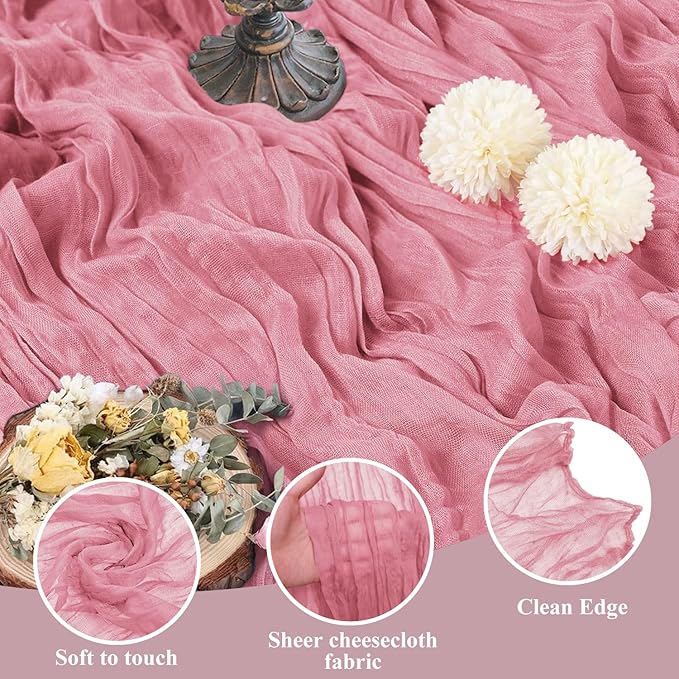 Asee'm 3pcs Cheesecloth Table Runner 120 Inches Dusty Rose Boho Gauze Cheese Cloth Runner 10FT Rustic Sheer Table Runners for Summer Wedding Baby Shower Holiday Party Decoration