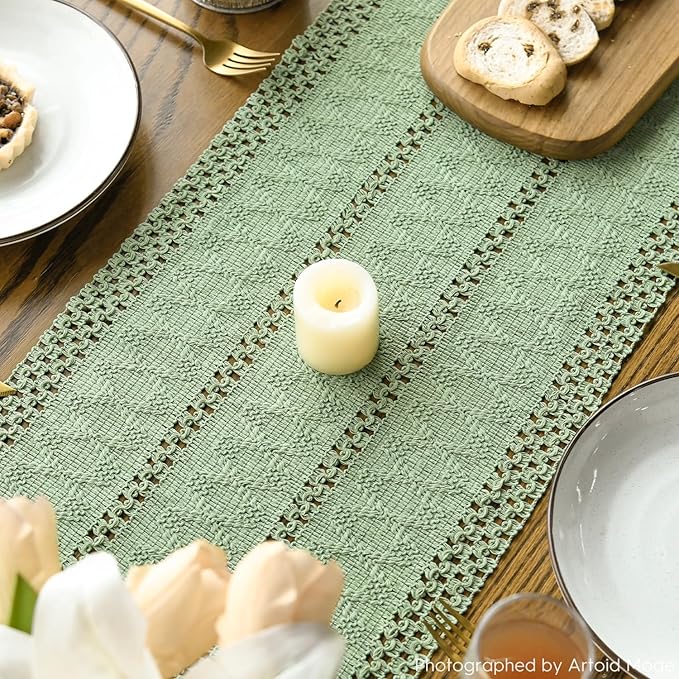 Artoid Mode Light Green Farmhouse Woven Rustic Hollow Table Runner, Seasonal Holiday Hollow Kitchen Dining Table Decoration for Home Party Decor 12x48 Inch