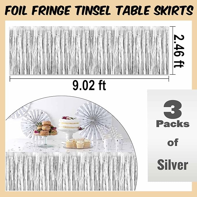 3 Pack 29 x108 Inch Silver Foil Fringe Table Skirts Metallic Banner for Tinsel Streamer Garland Backdrop for Parade Floats Mother's Day, Graduate, Birthday, Wedding Party Decoration