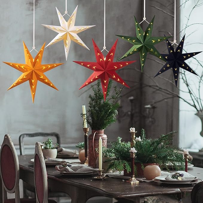 EASY JOY 5-Piece 7-Pointed Paper Star Decoration With Light - 12 Inch 3D Paper Star Lantern for Christmas, Home, Party, Wedding, Birthday