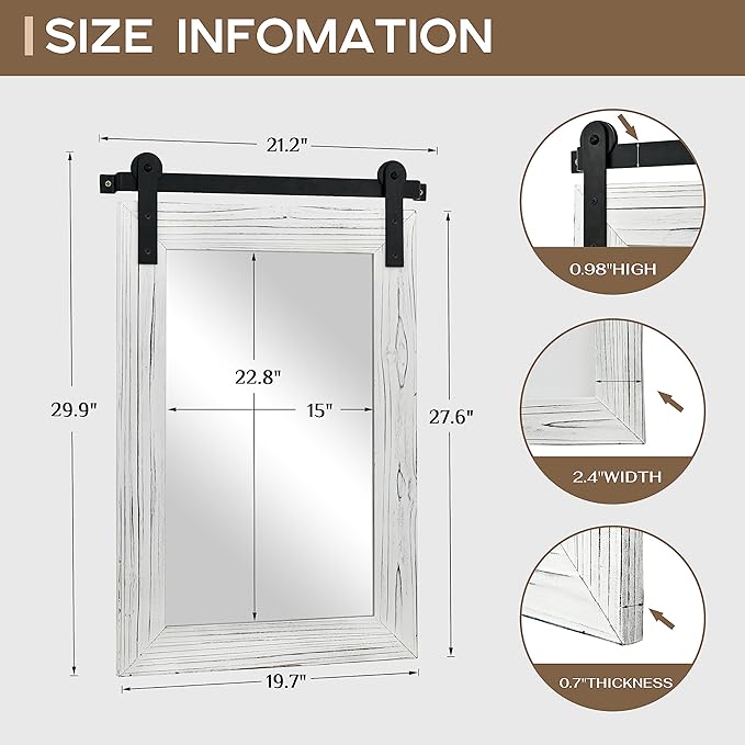 COGOOD Farmhouse Bathroom Mirror - 30 x 21 Rustic Wood Framed Wall Barn Door Mirror for Entryway, Living Room, Vanity Wall Decor (White)