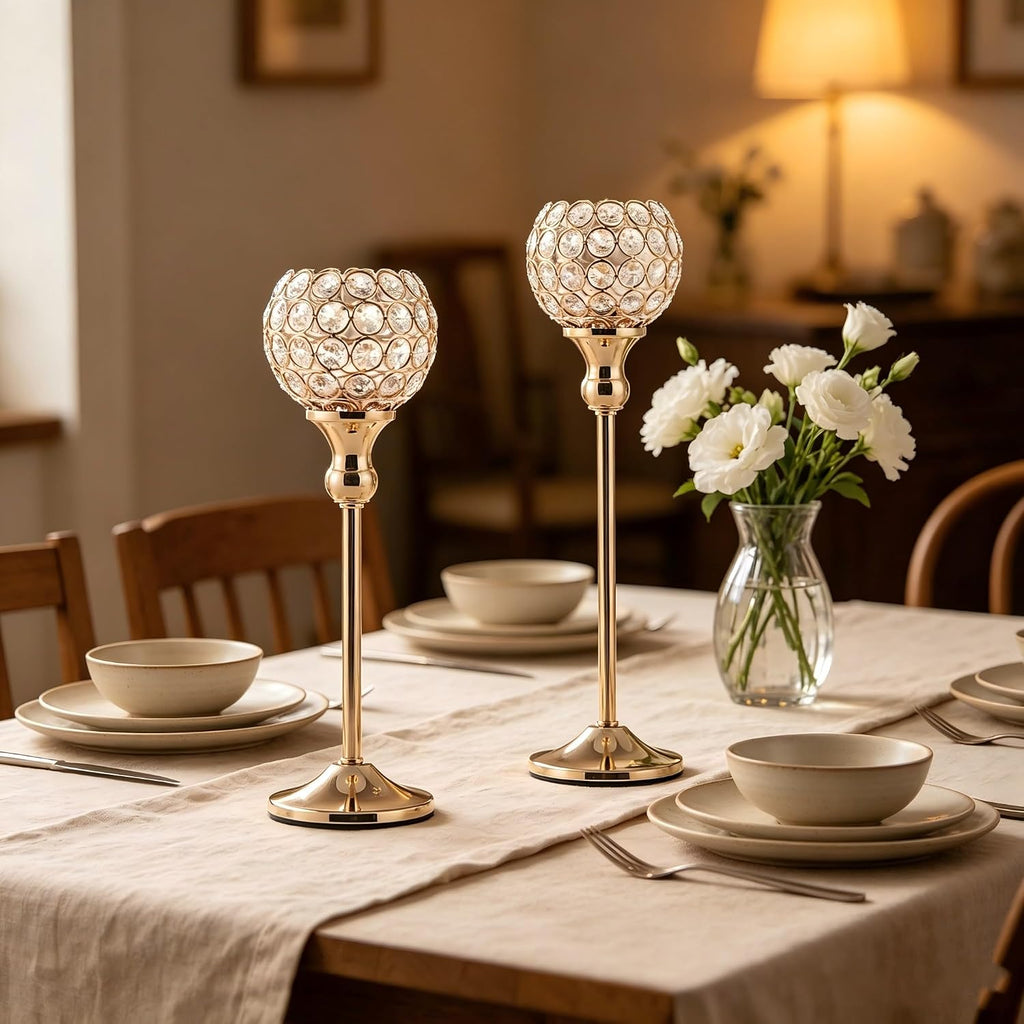 Gold Crystal Candle Holders Set of 2,Pillar Candlesticks for Table Centerpieces, Valentine's Day Home Decor Wedding Party Housewarming Gift