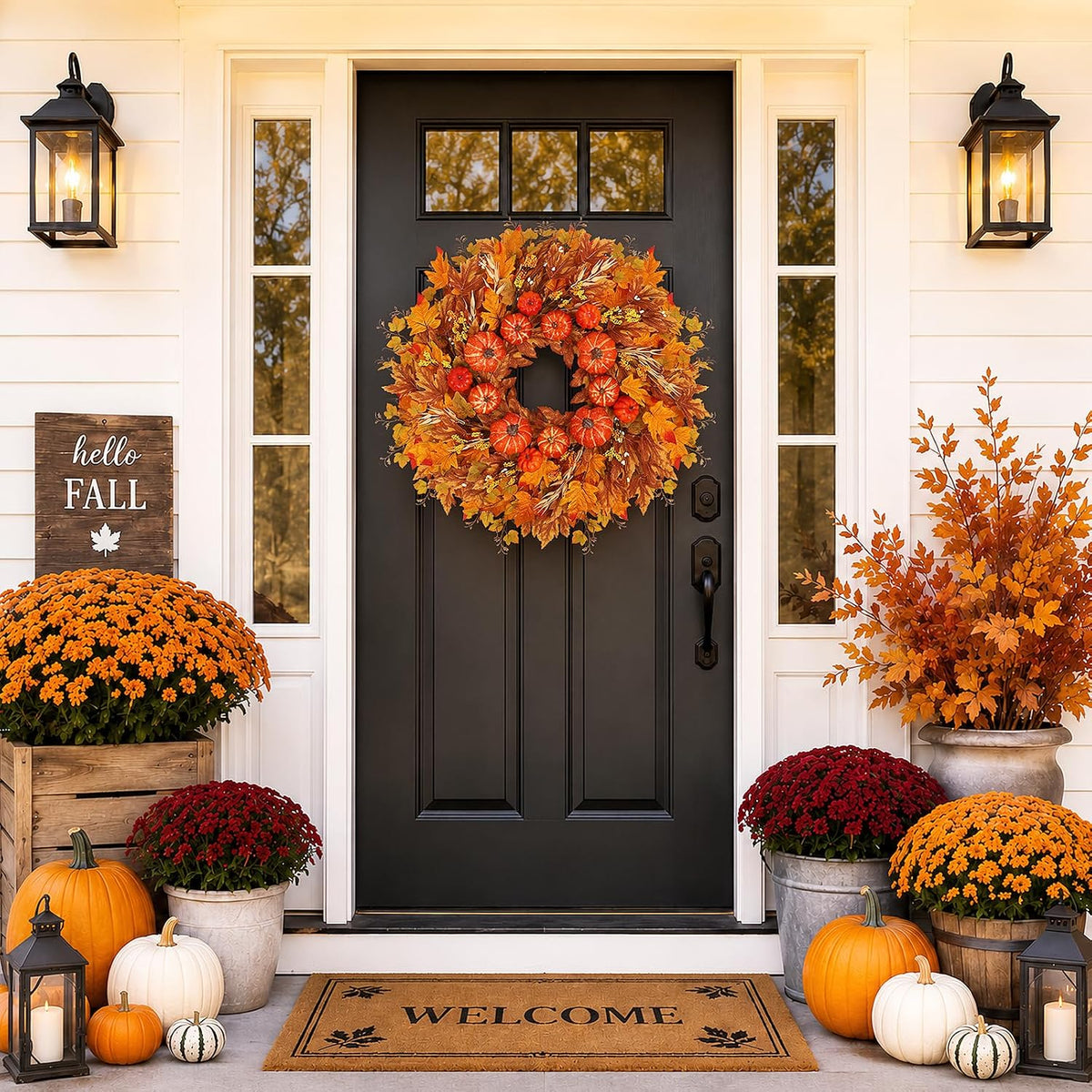 28 inch fall wreath for front door, pumpkins, close-up detail