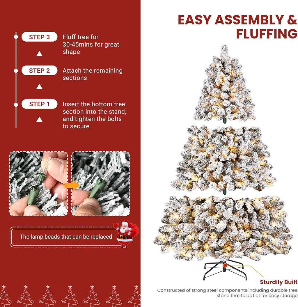 shareconn 7ft snow flocked spruce pre-lit artificial christmas, side view