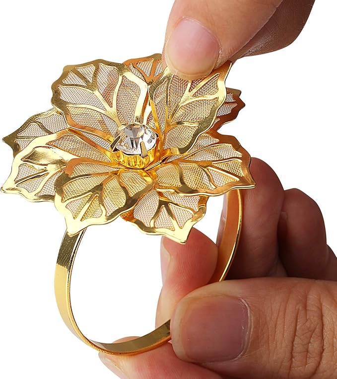 KPOSIYA Set of 20 Napkin Rings, Metal Gold Hollow Out Flower Napkin Ring Holder for Wedding Party Holiday Banquet Christmas Dinner Delicate Serviette Buckles Decor Favor (20, Flower-Gold)