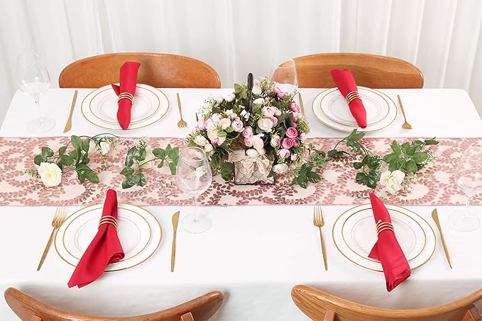 Sequin Table Runners 2 Pieces Rose Gold Flower Table Runners 12x72 Inch Glitter Dining Table Cover for Party Wedding Birthday Reception Banquet Decoration Spring Party Chair Sashes