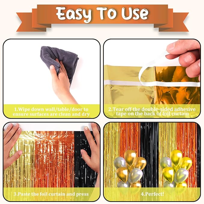 2 Pack Black Gold Orange Foil Fringe Backdrop Curtains, Tinsel Streamers Party Decorations, Fringe Backdrop, Door Shimmer for Construction or Birthday Party