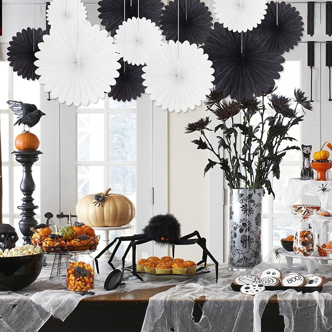 20 Pcs Black White Hanging Paper Fan, Hanging Honeycomb Round Paper Fans for Weddings, Birthdays, Christmas, Baby Showers, Classroom, Events Ceiling Party Supplies Decorations
