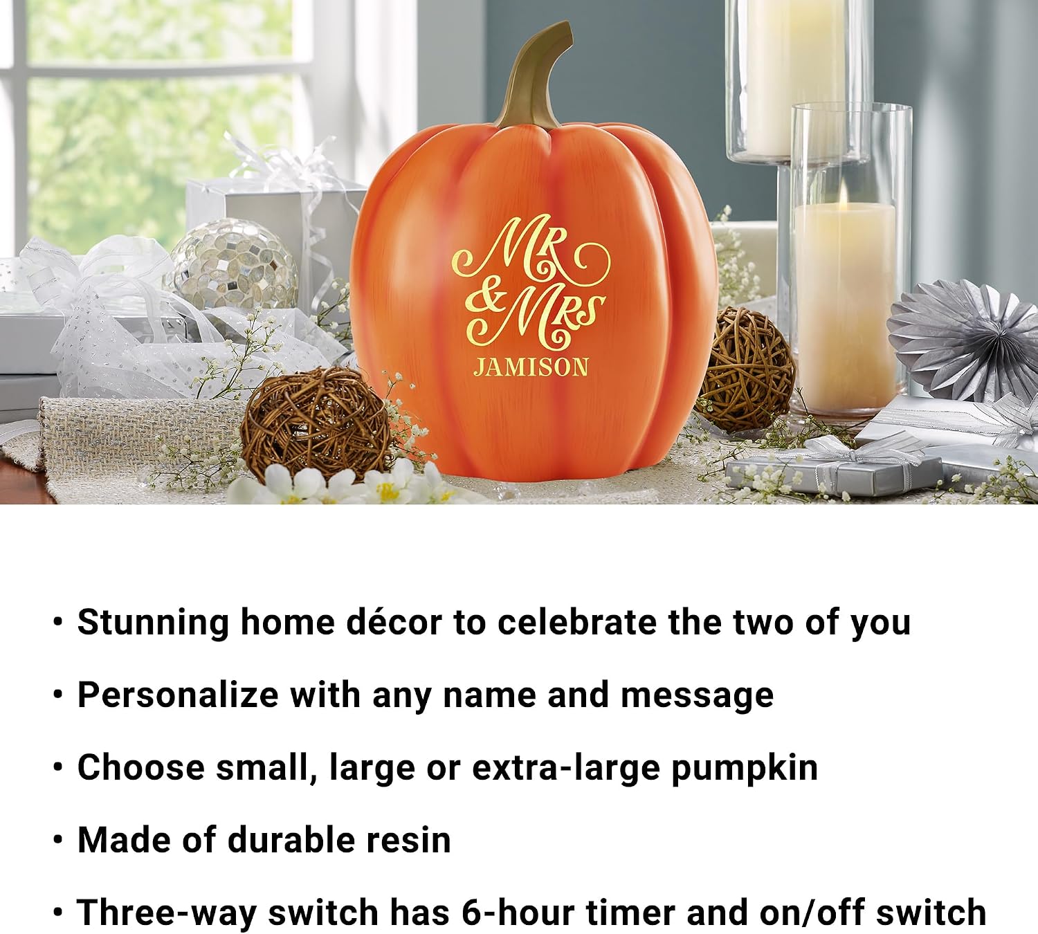 Let's Make Memories Personalized Light Up Pumpkin Decor - Celebrate Love - Fall Wedding Centerpiece - Laser-Engraved Resin with Names - Happy Couple - Orange - Large
