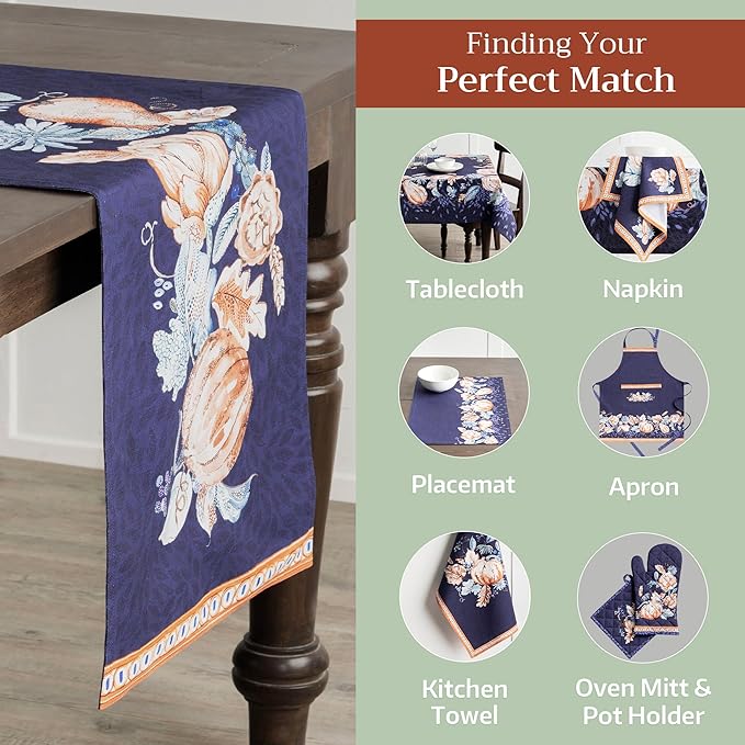 Maison d' Hermine Table Runner 100% Cotton Double Layer Table Runners 108 inches Long for Thanksgiving Christmas Decorations Home Kitchen Dining Party Wedding (Pumpkin Blues, 14.5" x 108")