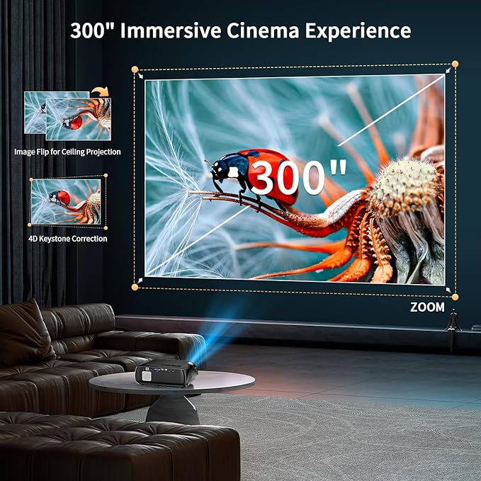Ultra Bright 1800ANSI Lumens Smart Projector, NFC Casting Wireless, WiFi 6, 4K-Decoding HDR10+, Android TV, Two-Way Bluetooth, DSP Stereo, Daylight Home Theater/ Low Latency Gaming/ Backyard Movie