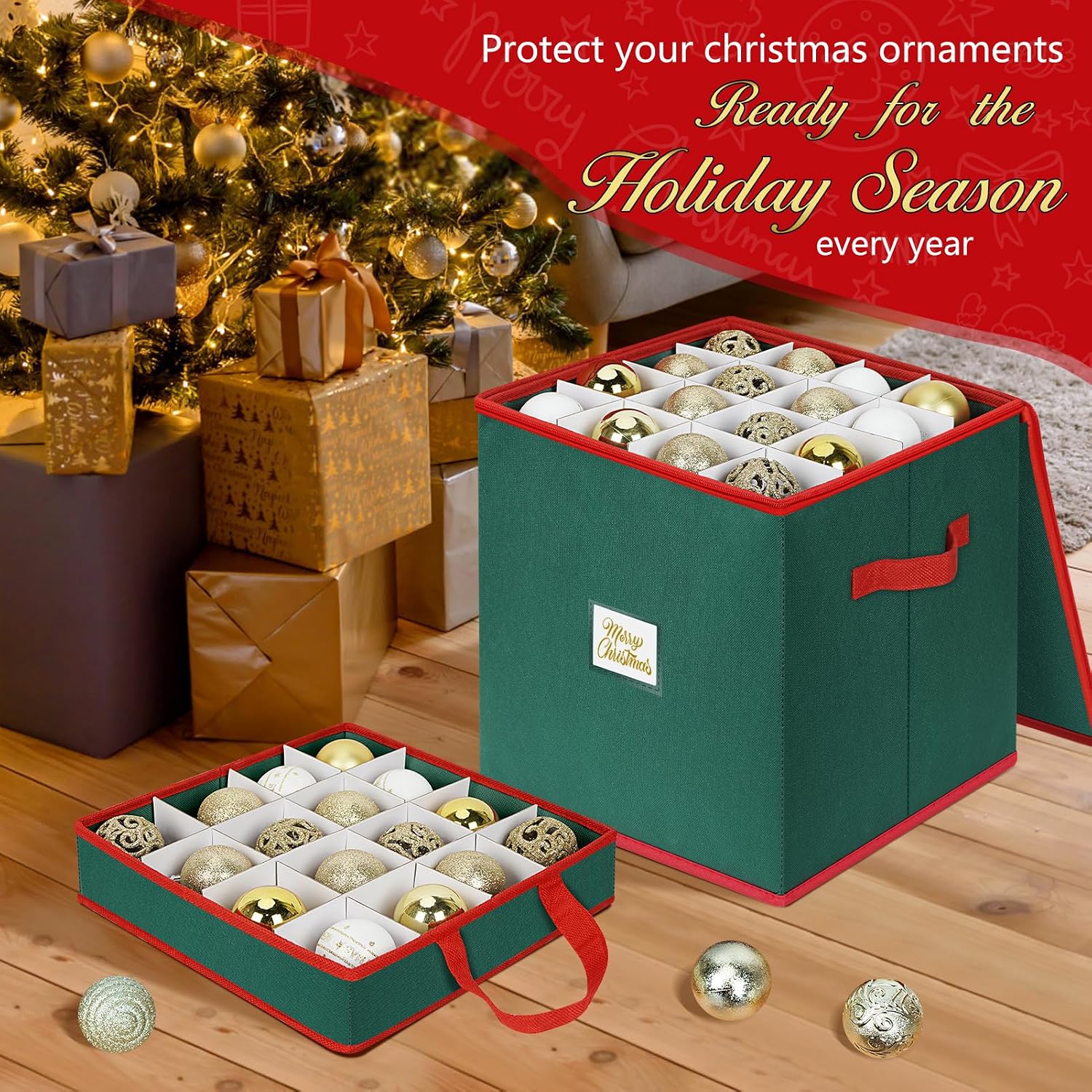 Christmas Ornament Storage Box Stores 64 Ornaments, with Adjustable Dividers, 4 Removable Trays, Dual Zippers, Non-Woven Christmas Ornament Organizer Holder, Christmas Ball Storage Container