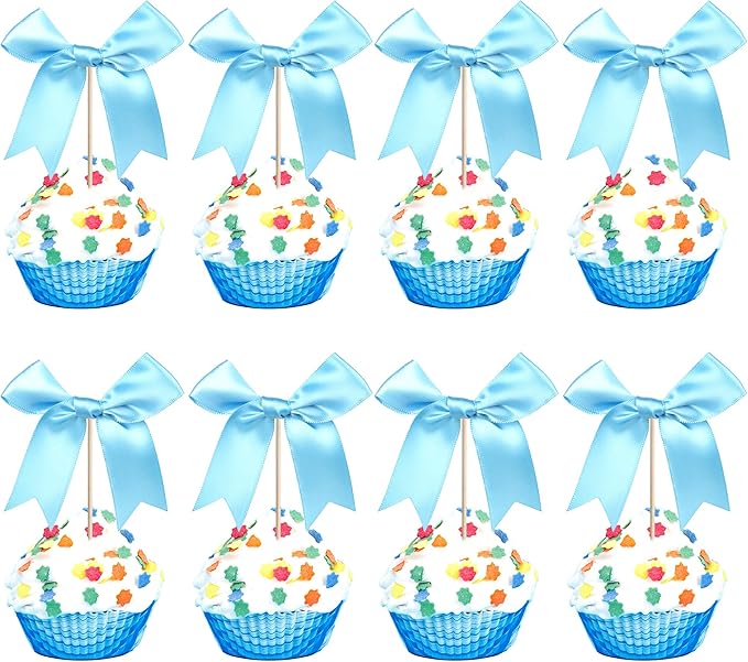 24 PCS Bow Cupcake Toppers Bowknot Cake Toppers Bow Girls Birthday Cake Decorations Bow Cake Dessert Picks Bowknot Cupcake Picks for Baby Shower Birthday Wedding Bridal Engagement Party Supplies Blue