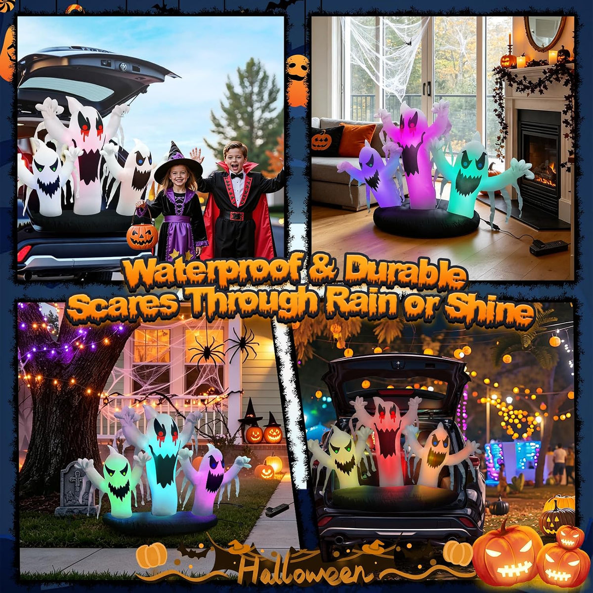 Trunk or Treat Car Decorations Kit 5ft Inflatable Ghost with Built-in LEDs, H...