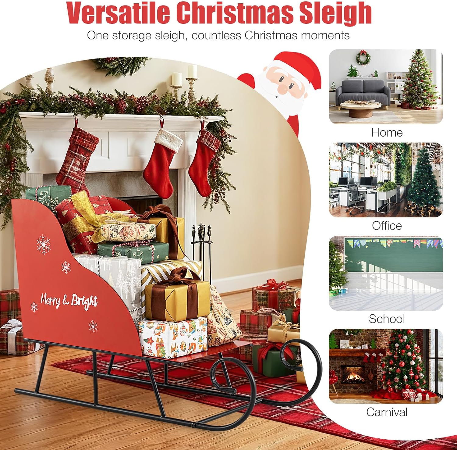 Metal Christmas Santa Sleigh Basket, Red Christmas Sleigh Decoration for Gift Storage, Santa’s Gift Sleigh for Holiday Displays, Festive Decorative Sleigh Cart for Indoor Outdoor Home Party