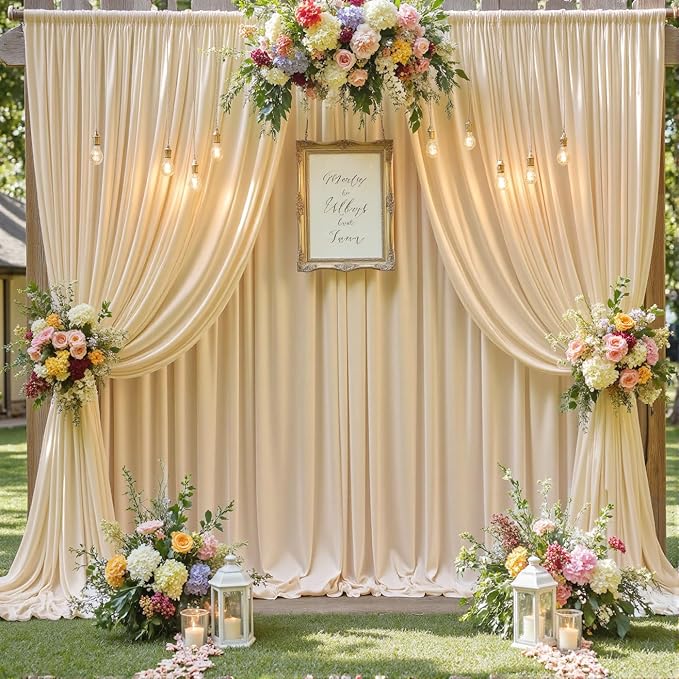 30×12 ft Wrinkle Free Beige Backdrop Curtain for Weddings Parties, 2 Panels 12ft Silky Polyester Wedding Drapes Backdrop Photo Back Drop Cloth for Birthday Baby Shower Photography Backgrounds