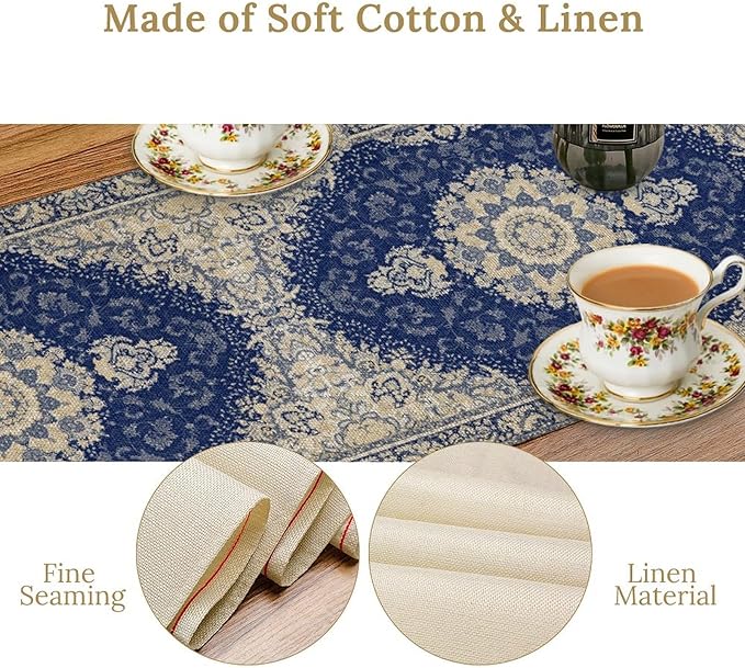 Boho Bohemia Style Dark Blue Table Runner, Country Rustic Farmhouse Magical Abstract Print Pattern for Home Kitchen Table Decor Dining Coffee Room Garden Party Decor 13x90in