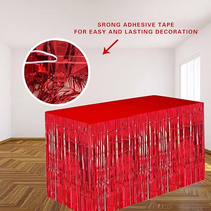 Red Streamers Party Decorations, 2 Packs Red Table Skirts Metallic Foil Fringe Tinsel for Birthday Graduation Valentine's Day Carnival Casino Wedding Float Parade Party Supplies - 29x108 Inch
