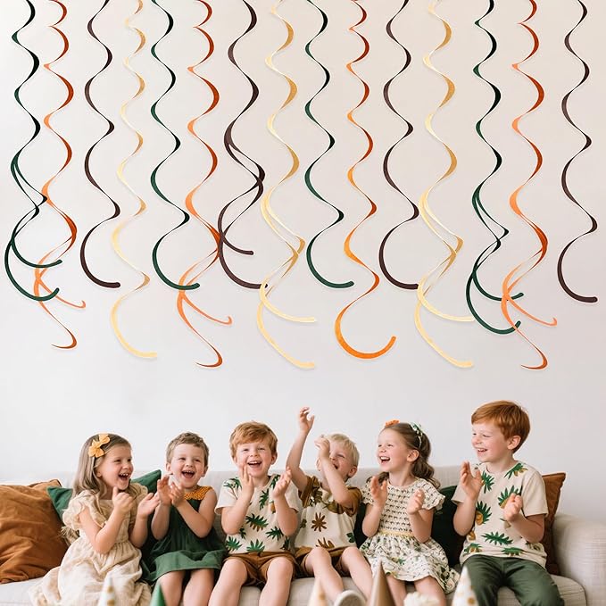 36 Pcs Green Brown Orange Beige Hanging Swirl Decorations Felt Swirl Streamer Spiral Ceiling Garland for Woodland Safari Jungle Wild One Birthday Neutral Baby Shower Party Decorations Supplies