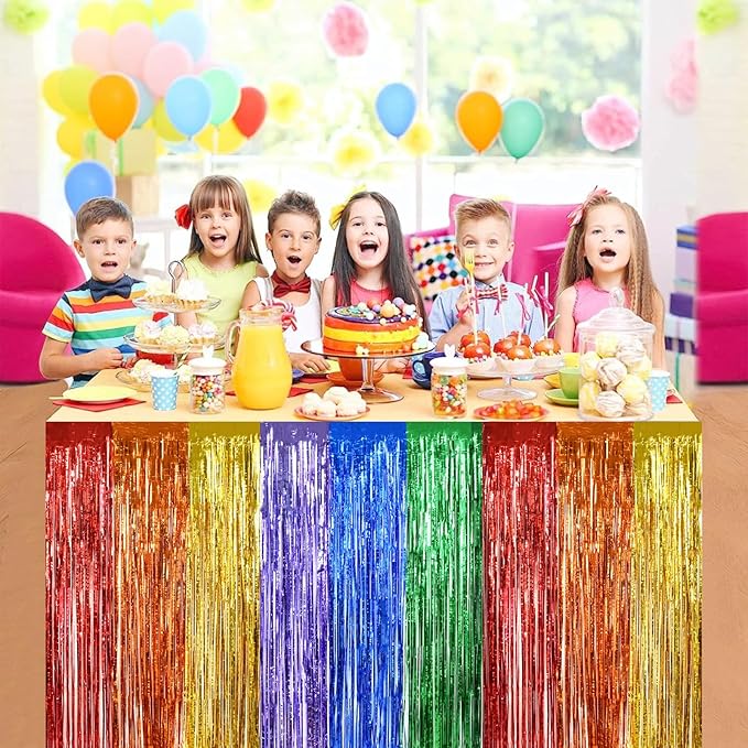 BEISHIDA 2 Pack Rainbow Metallic Tinsel Foil Fringe Table Skirts for Rectangle and Round Tables - Kids' Birthday, Baby Shower, Holiday Party Decor