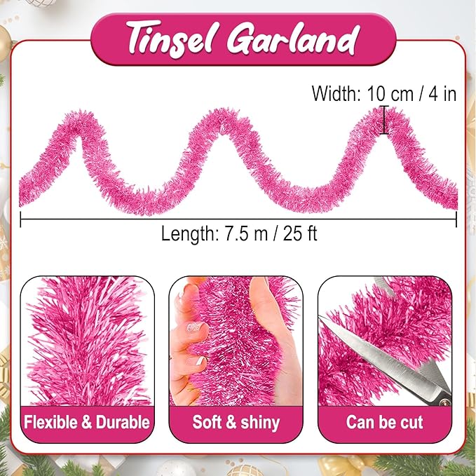 25 Feet Pink Christmas Tinsel Garland, Metallic Foil Twist Banner Wall Hanging Tinsel Streamers Backdrop for Parade Floats, Christmas, Mother's Day, Birthday Party Decorations(4in x 25ft)
